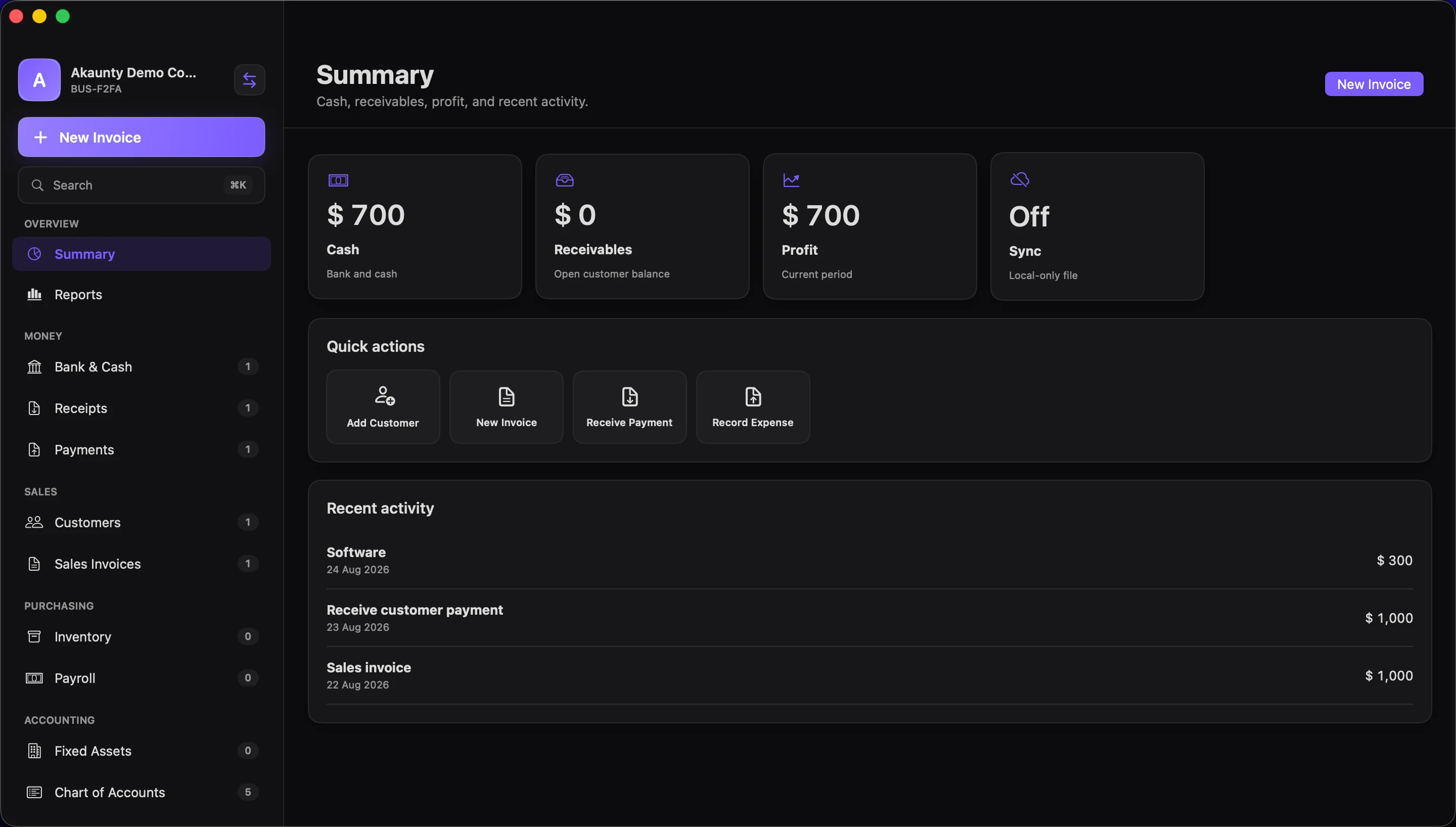 Akaunty Mac app summary dashboard showing cash, receivables, profit, sync status, quick actions, and recent activity.